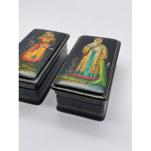 313 - TWO PAPIER MACHE AND LACQUERED RUSSIAN BOXES 4cm x 6cm x 10.5cm