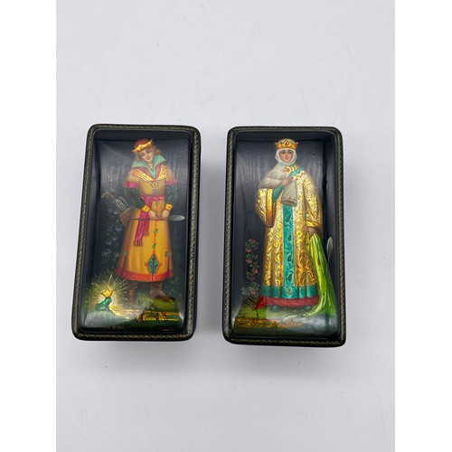 313 - TWO PAPIER MACHE AND LACQUERED RUSSIAN BOXES 4cm x 6cm x 10.5cm