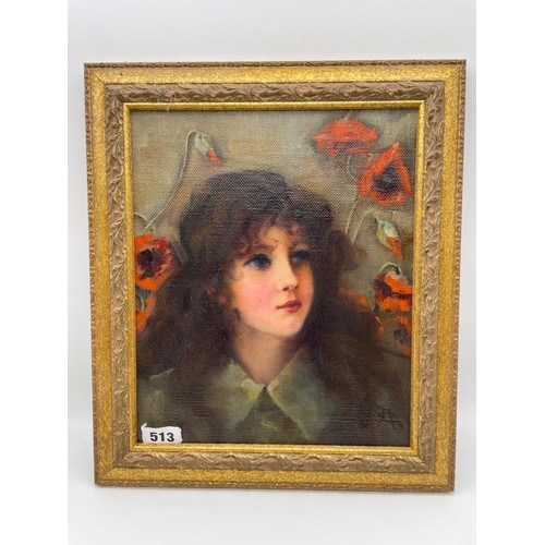 513 - 20TH CENTURY OIL ON CANVAS PORTRAIT OF A GIRL AMONGST POPPIES, MONOGRAMMED LOWER RIGHT, FRAMED 25 X ... 