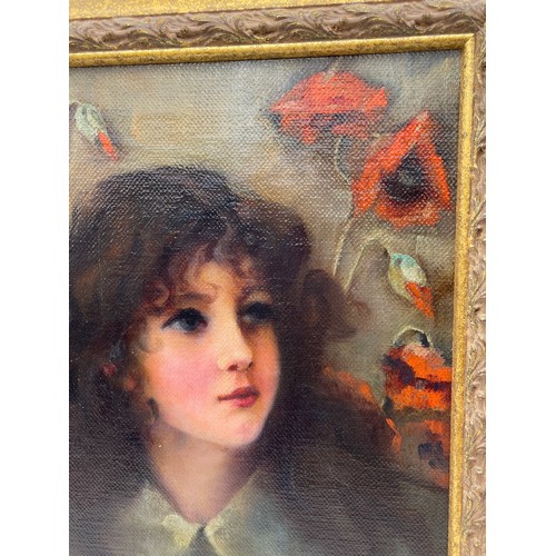 513 - 20TH CENTURY OIL ON CANVAS PORTRAIT OF A GIRL AMONGST POPPIES, MONOGRAMMED LOWER RIGHT, FRAMED 25 X ... 