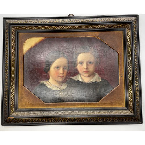 507 - 19TH CENTURY OIL ON OCTAGONAL CANVAS PORTRAIT STUDY OF A BROTHER AND SISTER, UNSIGNED IN ORNATE FRAM... 