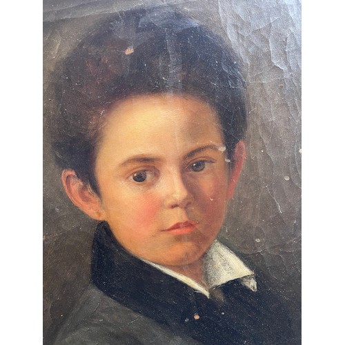 503 - 19TH CENTURY CONTINENTAL SCHOOL OIL ON CANVAS PORTRAIT OF A YOUNG BOY WEARING A BLACK COLLARED COAT,... 