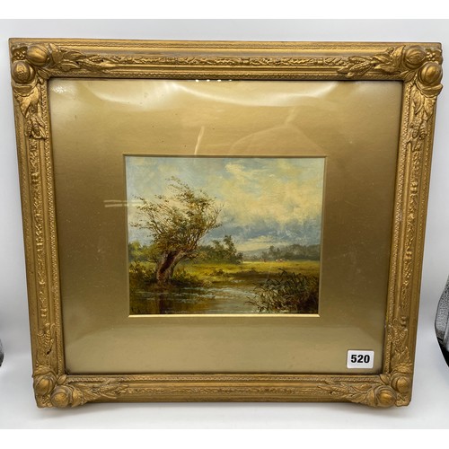 520 - WILLIAM WILDE (1826-1901) OILS ON BOARD PASTORAL RIVER LANDSCAPE F/G 22 X 18CM APPROX