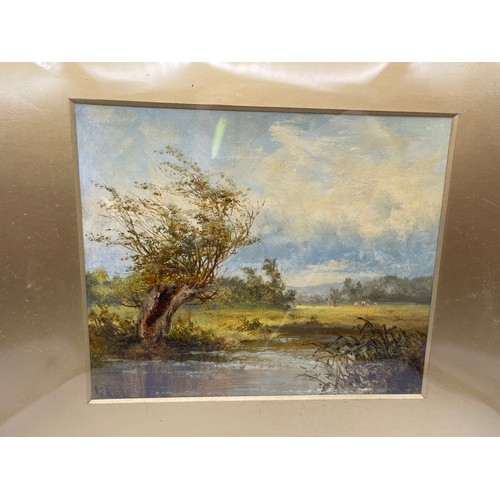 520 - WILLIAM WILDE (1826-1901) OILS ON BOARD PASTORAL RIVER LANDSCAPE F/G 22 X 18CM APPROX