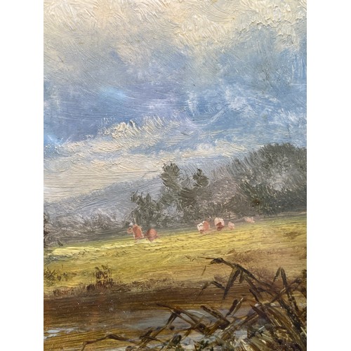 520 - WILLIAM WILDE (1826-1901) OILS ON BOARD PASTORAL RIVER LANDSCAPE F/G 22 X 18CM APPROX