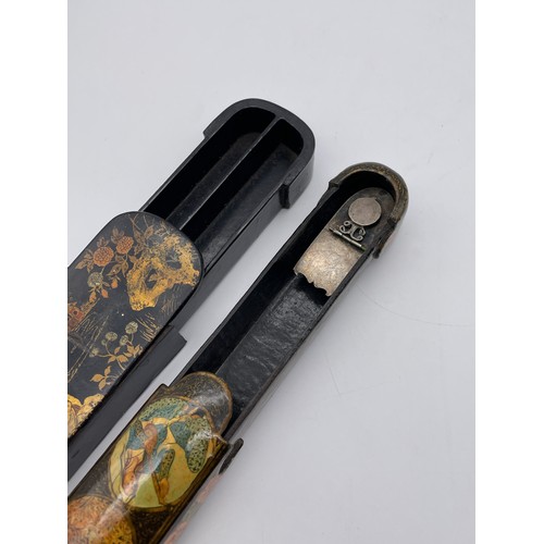 314 - 19TH CENTURY JAPANESE LACQUERED TWO DIVISION PEN BOX AND A MUGAL DECORATED PAPIER MACHE PEN BOX WITH... 