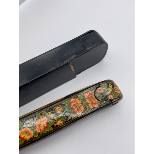 314 - 19TH CENTURY JAPANESE LACQUERED TWO DIVISION PEN BOX AND A MUGAL DECORATED PAPIER MACHE PEN BOX WITH... 