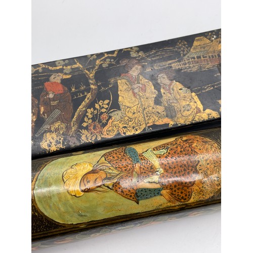 314 - 19TH CENTURY JAPANESE LACQUERED TWO DIVISION PEN BOX AND A MUGAL DECORATED PAPIER MACHE PEN BOX WITH... 