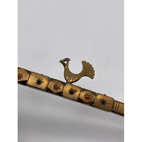 339 - MIDDLE EASTERN BRASS CORAL AND GARNET INLAID ADZE 28cm