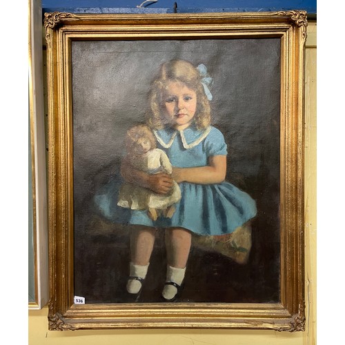 536 - 20TH CENTURY OIL ON CANVAS PORTRAIT STUDY OF A SEATED GIRL IN A BLUE DRESS WITH A DOLL FRAMED 65 X 8... 