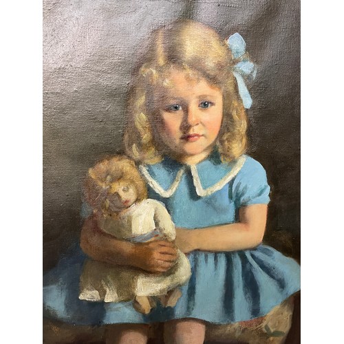 536 - 20TH CENTURY OIL ON CANVAS PORTRAIT STUDY OF A SEATED GIRL IN A BLUE DRESS WITH A DOLL FRAMED 65 X 8... 