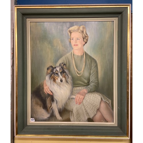 537 - 20TH CENTURY OIL ON CANVAS, PORTRAIT STUDY OF A SEATED FEMALE WITH A COLLIE DOG SIGNED PIGGINS DATED... 