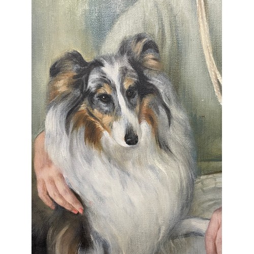 537 - 20TH CENTURY OIL ON CANVAS, PORTRAIT STUDY OF A SEATED FEMALE WITH A COLLIE DOG SIGNED PIGGINS DATED... 