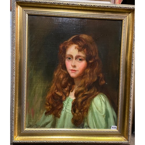 533 - JOHN WILLIAM SCHOFIELD (1882-1963) OIL ON CANVAS PORTRAIT STUDY OF AN AUBURN HAIRED GIRL IN A GREEN ... 