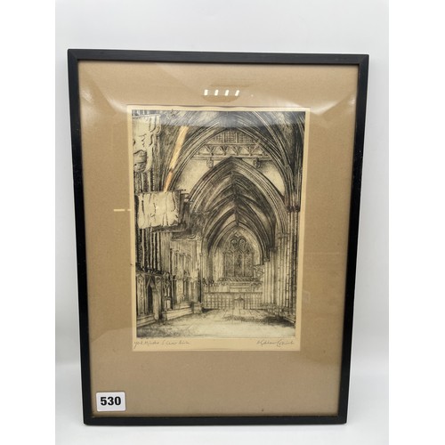 530 - SMALL WALNUT MIRROR AND A PAIR OF ETCHINGS OF YORK MINSTER INTERIOR SIGNED IN PENCIL