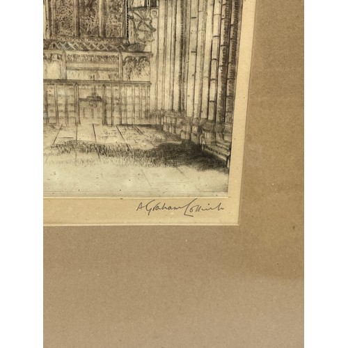 530 - SMALL WALNUT MIRROR AND A PAIR OF ETCHINGS OF YORK MINSTER INTERIOR SIGNED IN PENCIL