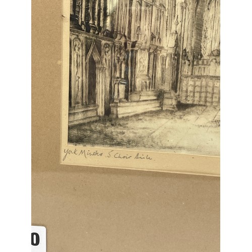 530 - SMALL WALNUT MIRROR AND A PAIR OF ETCHINGS OF YORK MINSTER INTERIOR SIGNED IN PENCIL