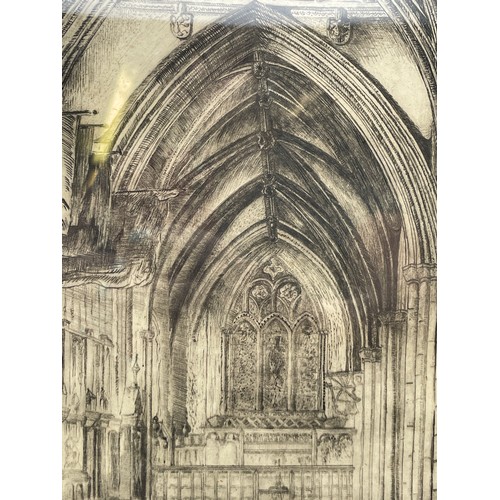 530 - SMALL WALNUT MIRROR AND A PAIR OF ETCHINGS OF YORK MINSTER INTERIOR SIGNED IN PENCIL