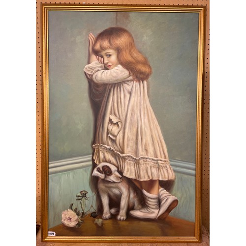 509 - 20TH CENTURY OIL ON CANVAS COPY ENTITLED 'IN DISGRACE' AFTER CHARLES BURTON BARBER FRAMED 60 X 90CM ... 