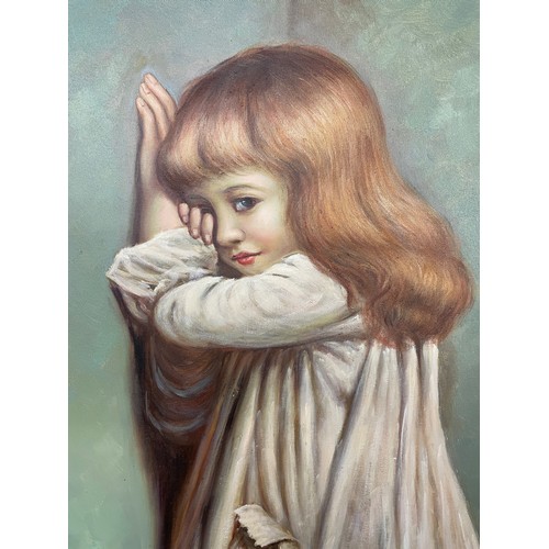 509 - 20TH CENTURY OIL ON CANVAS COPY ENTITLED 'IN DISGRACE' AFTER CHARLES BURTON BARBER FRAMED 60 X 90CM ... 