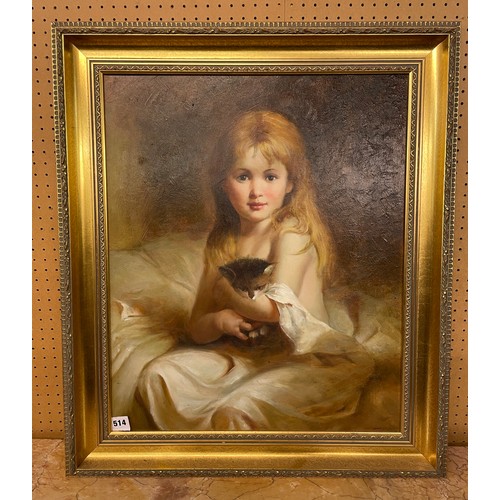 514 - 20TH CENTURY OIL ON CANVAS BY ALEXEI KING ENTITLED 'ALISON WITH HER KITTEN' FRAMED 50 X 60CM APPROX