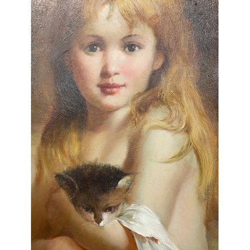 514 - 20TH CENTURY OIL ON CANVAS BY ALEXEI KING ENTITLED 'ALISON WITH HER KITTEN' FRAMED 50 X 60CM APPROX