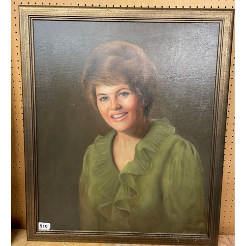 510 - 20TH CENTURY OIL ON CANVAS MONOGRAMMED EB  PORTRAIT OF A LADY WEARING A FRILLED BLOUSE CIRCA 1970S F... 