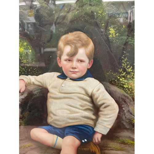 519 - 20TH CENTURY OIL PAINTING ON PAPER LAID TO BOARD, UNTITLED, STUDY OF A SEATED BOY IN A GARDEN LANDSC... 