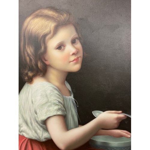 504 - 20TH CENTURY OIL ON CANVAS UNSIGNED OF A SEATED GIRL WITH A BOWL AND SPOON 60 X 50CM APPROX