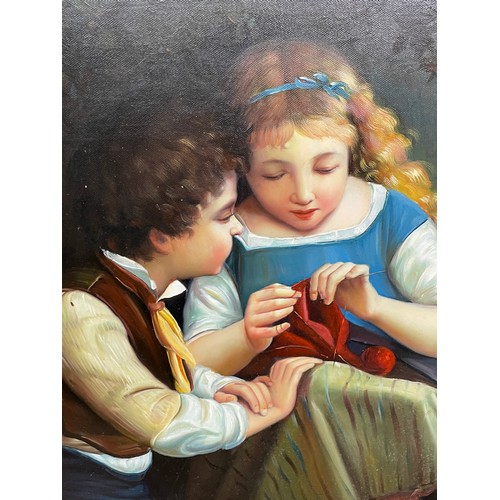 505 - 20TH CENTURY OIL ON CANVAS OF SEATED CHILDREN SEWING UNSIGNED, FRAMED 50 X 60CM APPROX