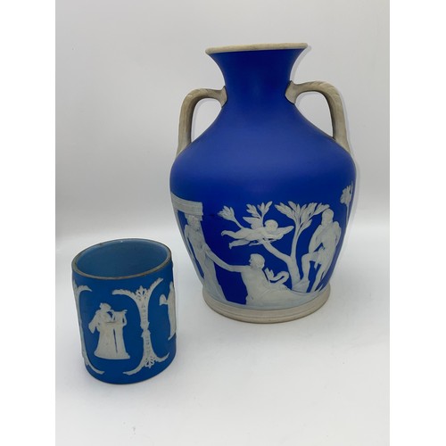 390 - BLUE JASPERWARE TWIN HANDLED VASE AND CYLINDRICAL CUP