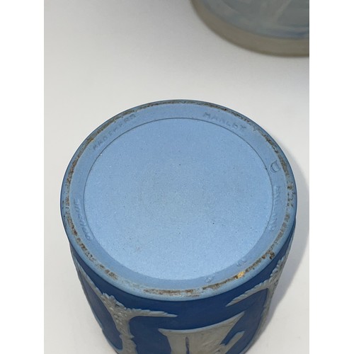 390 - BLUE JASPERWARE TWIN HANDLED VASE AND CYLINDRICAL CUP