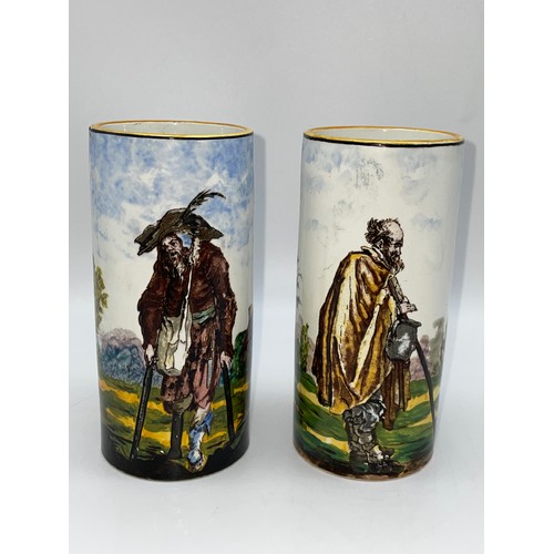 369 - PAIR OF 19TH CENTURY FRENCH GIEN CYLINDRICAL VASES DECORATED WITH FIGURES 12cm