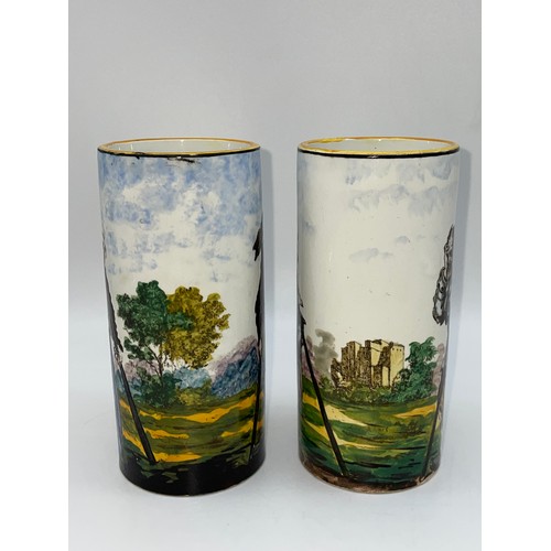 369 - PAIR OF 19TH CENTURY FRENCH GIEN CYLINDRICAL VASES DECORATED WITH FIGURES 12cm