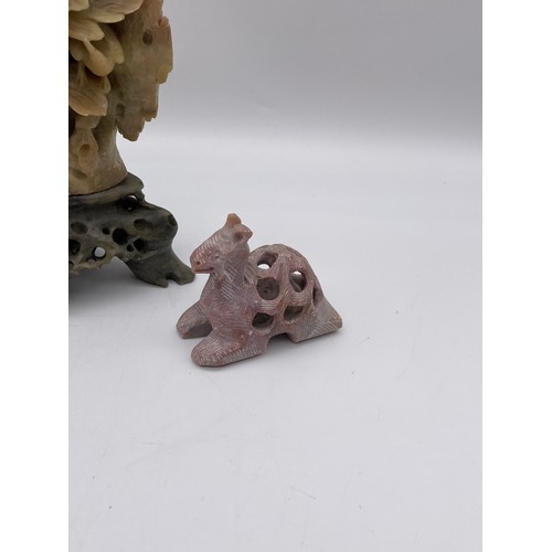 373 - ORIENTAL CARVED SOAP STONE FLOWER DISPLAY ON STAND AND SOME ANIMAL SOAP STONE CARVINGS