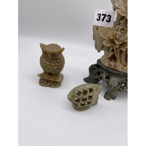 373 - ORIENTAL CARVED SOAP STONE FLOWER DISPLAY ON STAND AND SOME ANIMAL SOAP STONE CARVINGS