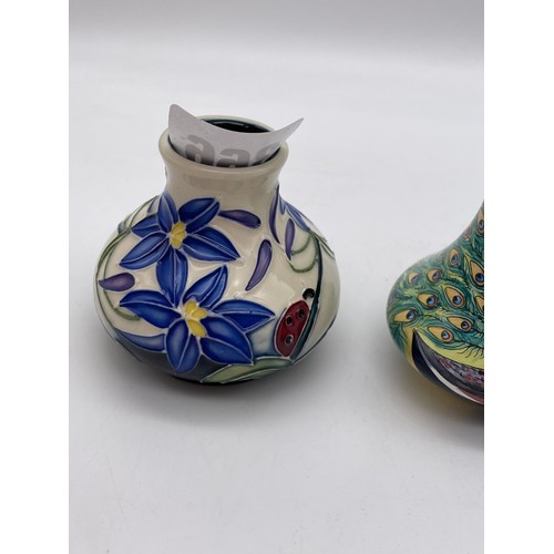 366 - MOORCROFT 2005 MINIATURE SQUAT LADYBIRD VASE 6cm WITH A MOORCROFT ENAMEL SERIES PEACOCK TAPERED MINI... 