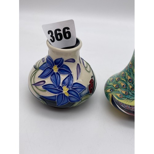 366 - MOORCROFT 2005 MINIATURE SQUAT LADYBIRD VASE 6cm WITH A MOORCROFT ENAMEL SERIES PEACOCK TAPERED MINI... 