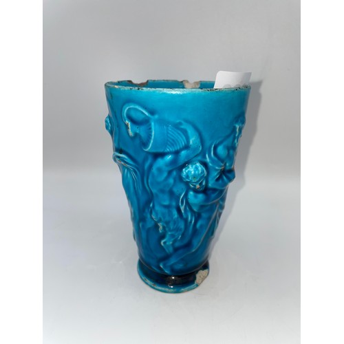 360 - FRENCH TURQUOISE GLAZED BEAKER WITH A BACCHANALIAN BAS RELIEF SCENE, THE BASE IMPRESSED THD FOR THEO... 