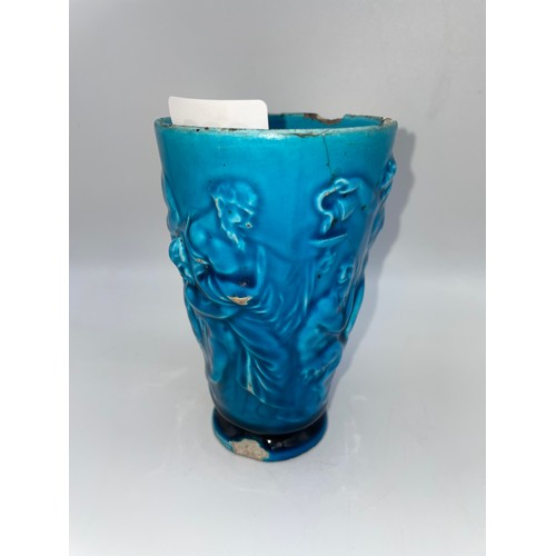 360 - FRENCH TURQUOISE GLAZED BEAKER WITH A BACCHANALIAN BAS RELIEF SCENE, THE BASE IMPRESSED THD FOR THEO... 