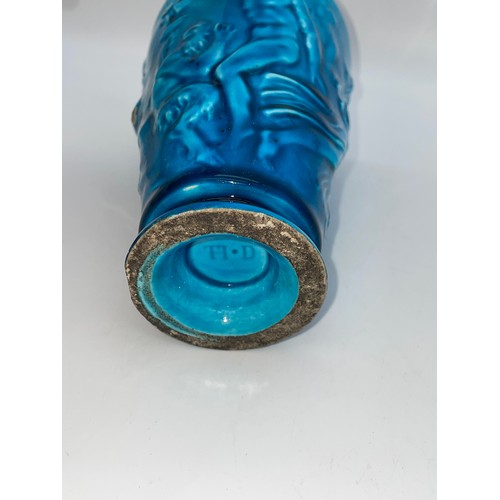 360 - FRENCH TURQUOISE GLAZED BEAKER WITH A BACCHANALIAN BAS RELIEF SCENE, THE BASE IMPRESSED THD FOR THEO... 