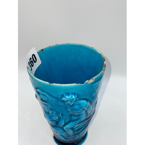 360 - FRENCH TURQUOISE GLAZED BEAKER WITH A BACCHANALIAN BAS RELIEF SCENE, THE BASE IMPRESSED THD FOR THEO... 