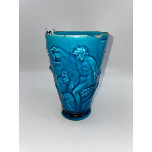 360 - FRENCH TURQUOISE GLAZED BEAKER WITH A BACCHANALIAN BAS RELIEF SCENE, THE BASE IMPRESSED THD FOR THEO... 