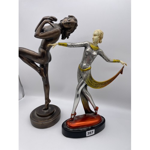 357 - ART DECO METAL WARE AND IVORINE SCULPTURE OF A FEMALE AFTER LORENZL PLUS A BRONZED PATTINATED RESIN ... 