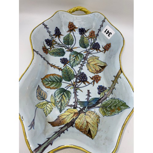 341 - 19TH CENTURY QUIMPER FAIENCE BRAMBLE BERRY TWIN HANDLED SHALLOW DISH 35cm x 21cm x 6cm