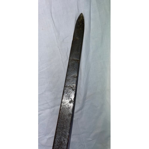 349 - 17TH CENTURY BASKET HILTED AND LEATHER SCOTTISH SWORD BLADE PITTED 98 cm