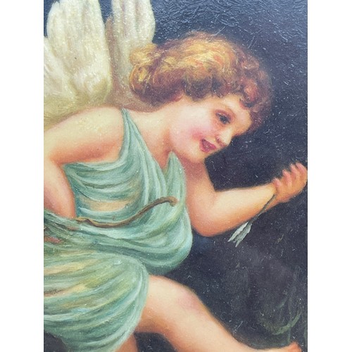 499 - 20TH CENTURY F. ALBANY PAINTING ON PANEL OF A CUPID CHERUB F/G 12 X 17CM APPROX