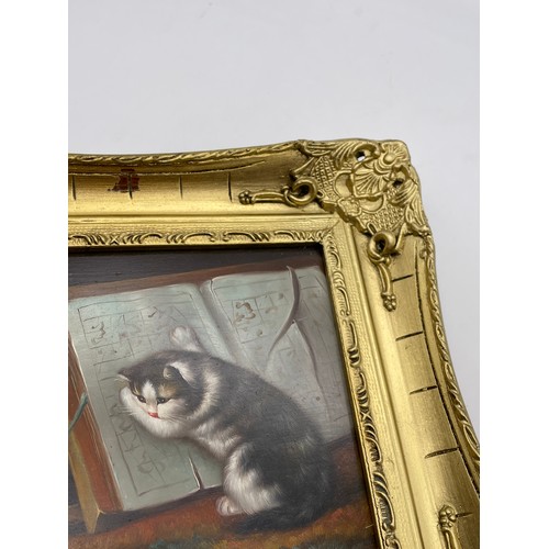 496 - 20TH CENTURY OIL ON PANEL SIGNED BYRON OF PLAYFUL KITTENS FRAMED 24 X 19CM APPROX