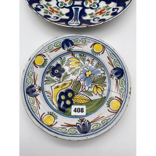 408 - TWO 18TH CENTURY TIN GLAZED DELFT PLATES POSSIBLY ENGLISH A/F 23cm 30cm