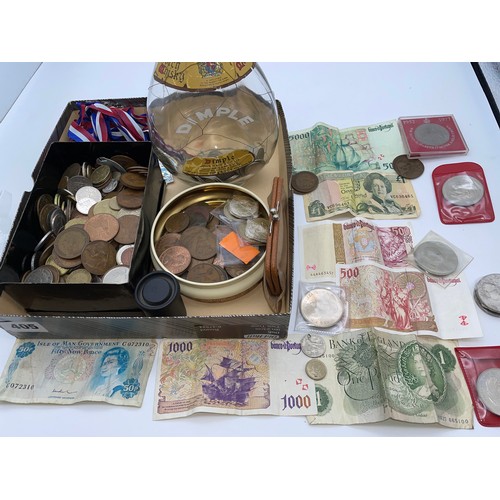 405 - BOX OF PRE DECIMAL GB COINS, COMMEMORATIVE ROYALTY CROWNS, CHURCHILL CROWNS, DIMPLEX GLASS BOTTLE OF... 